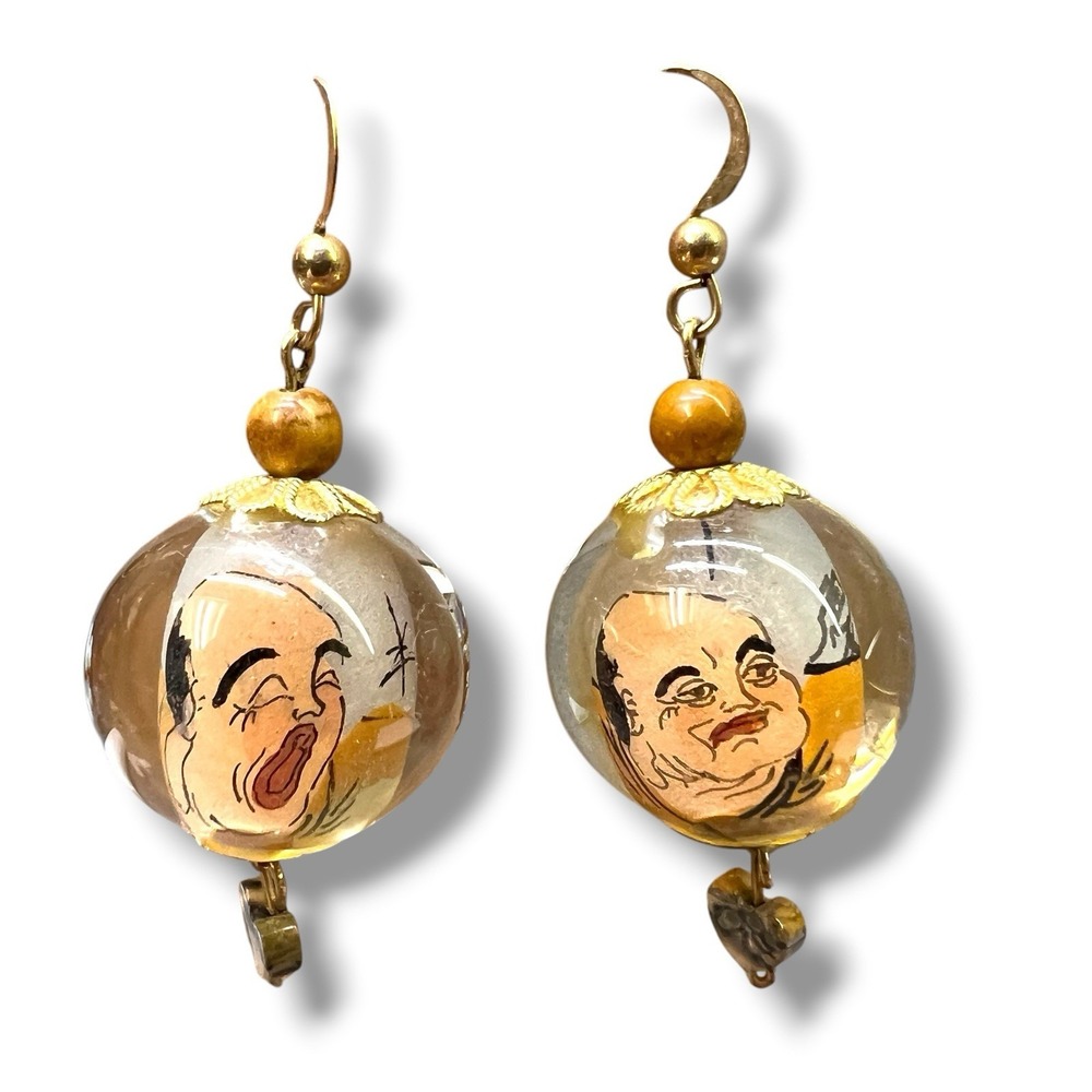 Handmade Asian Inspired Art Glass Face Earrings Wearable Art Dangles